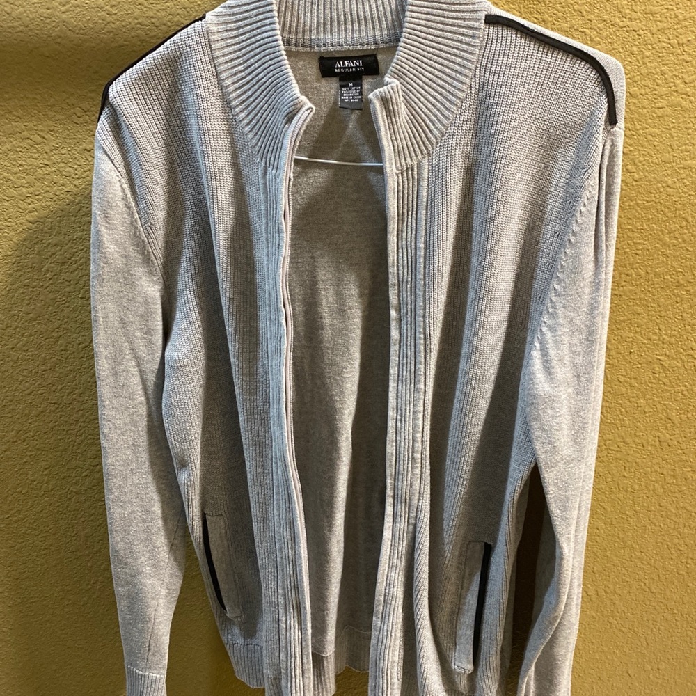 Alfani Men's Zip-Front Baseball Collar Cotton Sweater Jacket, Light Gray, M